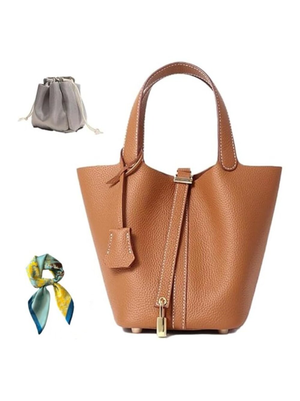Genuine Leather Bucket Bag, Lock Design Shoulder Handbag, Top-Handle Tote,
